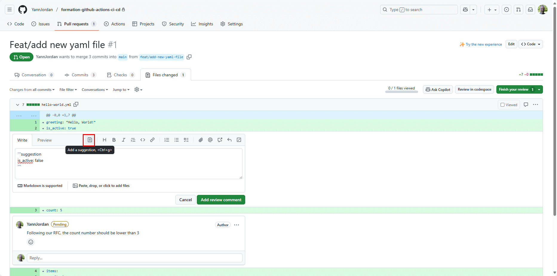 Ajout de suggestions dans une Pull Request