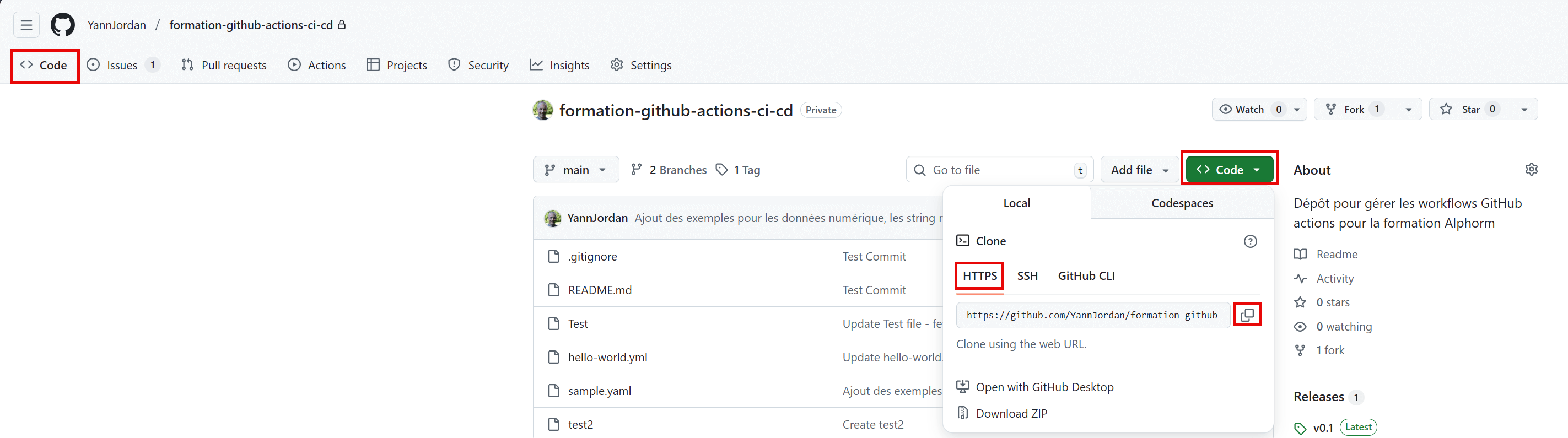 Copier l'URL du dépôt dans GitHub