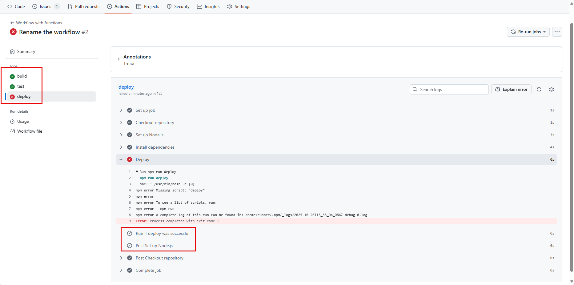 Les steps après Deploy ne s'exécutent pas.
