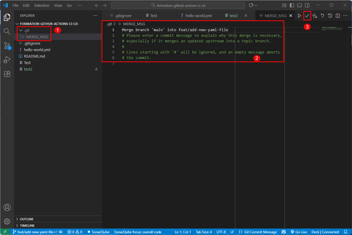 Exemple de message pour la fusion des branches