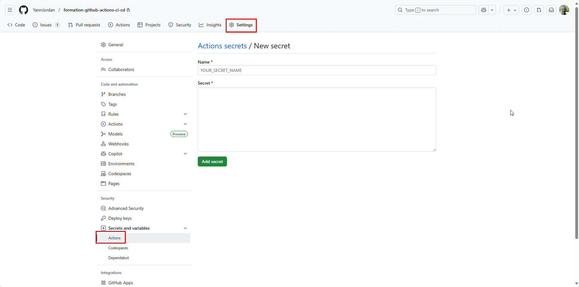 Création d'un nouveau secret sur GitHub