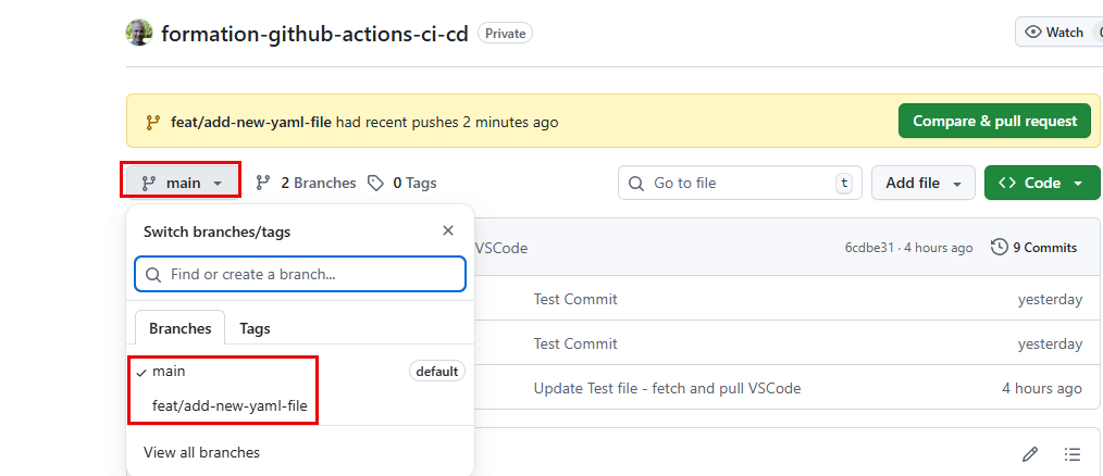 Nouvelle branche sur GitHub