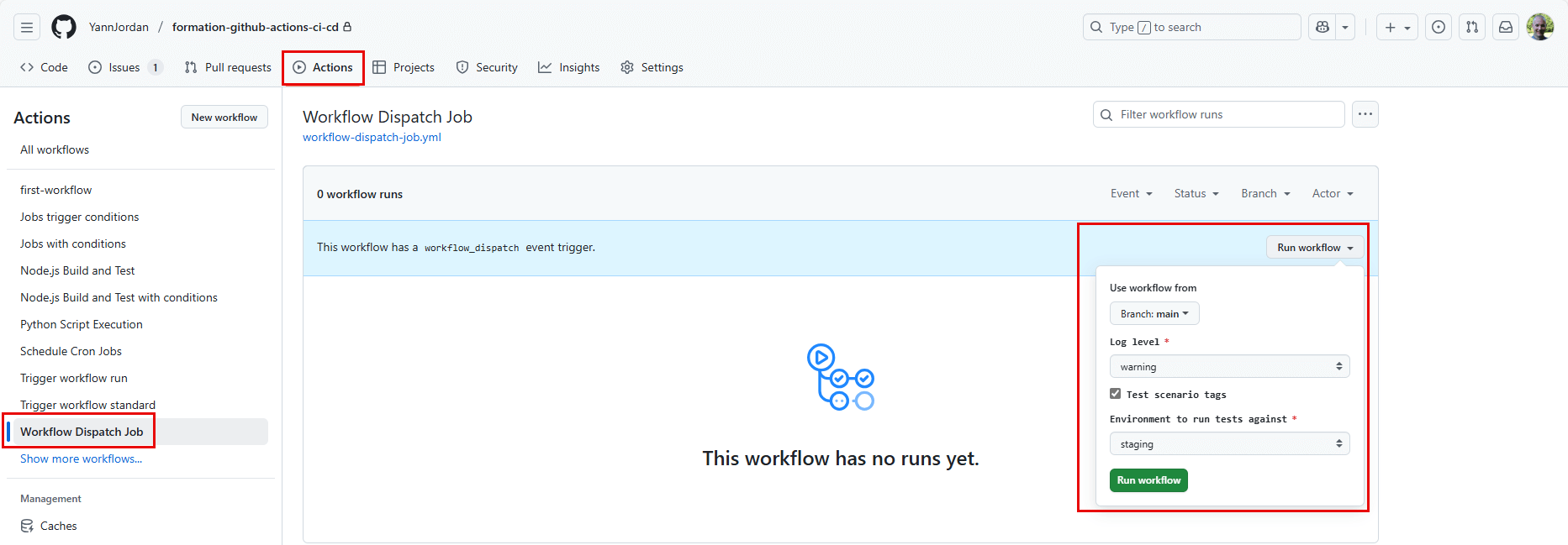 Démarrer un workflow dispatch