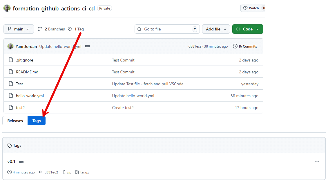 Liste des Tags sur GitHub