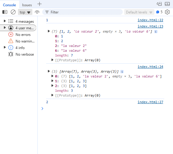 Résultat de la console pour l'exercice pratique des tableaux