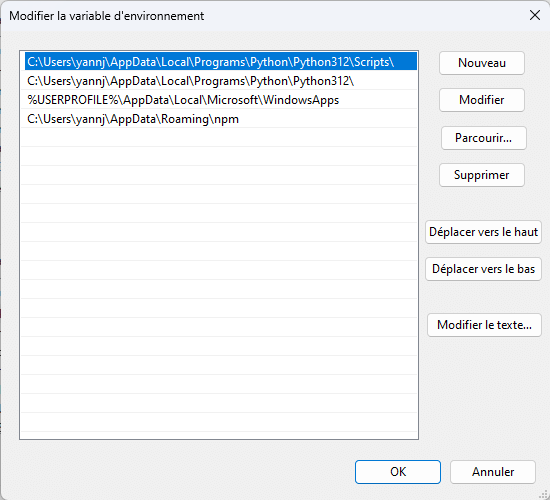 Modification de la variable d'environnement PATH
