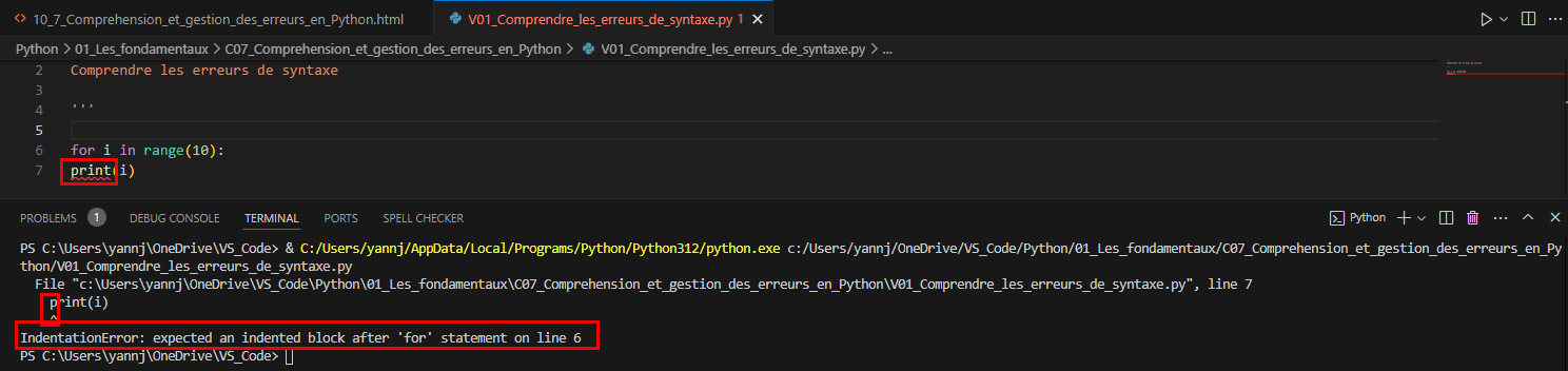 Erreur d'indentation - Bloc indenté attendu après 'for'
