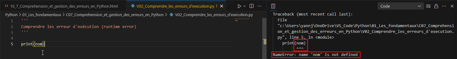 Erreur de définition de variable - La variable nom n'est pas définie