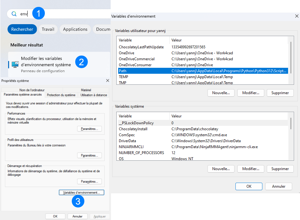 description pour ouvrir les variable d'environnement